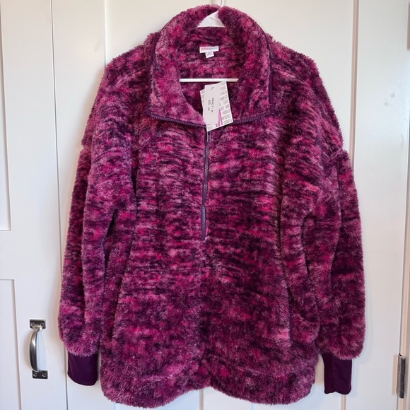LuLaRoe Sweaters - NWT LuLaRoe Nancy Fleece Pullover Pink & Purple Half Zip‎ Size Medium w/ Pockets